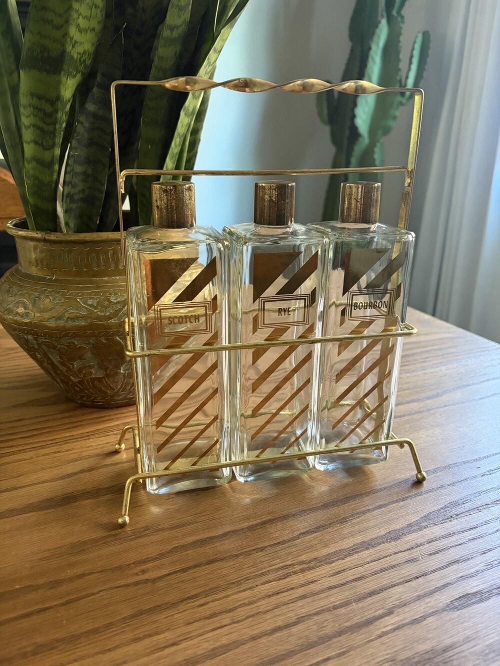 Vintage Midcentury Decanter Set with Brass Caddy Scotch Rye Bourbon Bottles